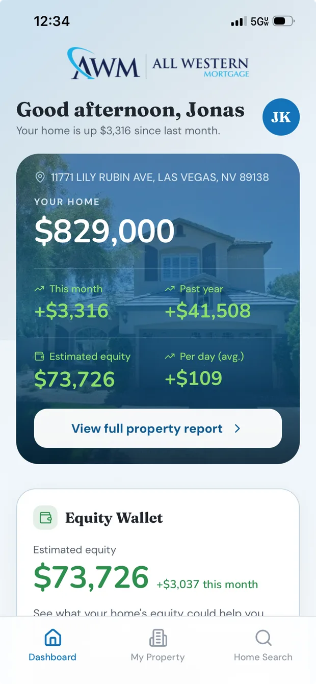 The app's home screen: an estimated value of $829,000, up $3,316 this month and $41,508 over the past year, with an equity wallet below.