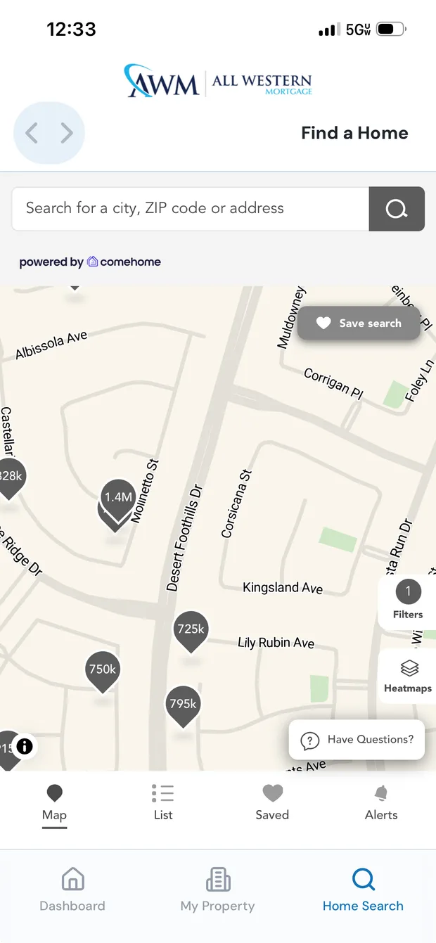 A map of the neighborhood with prices marked on each home for sale, plus filters and heatmaps.