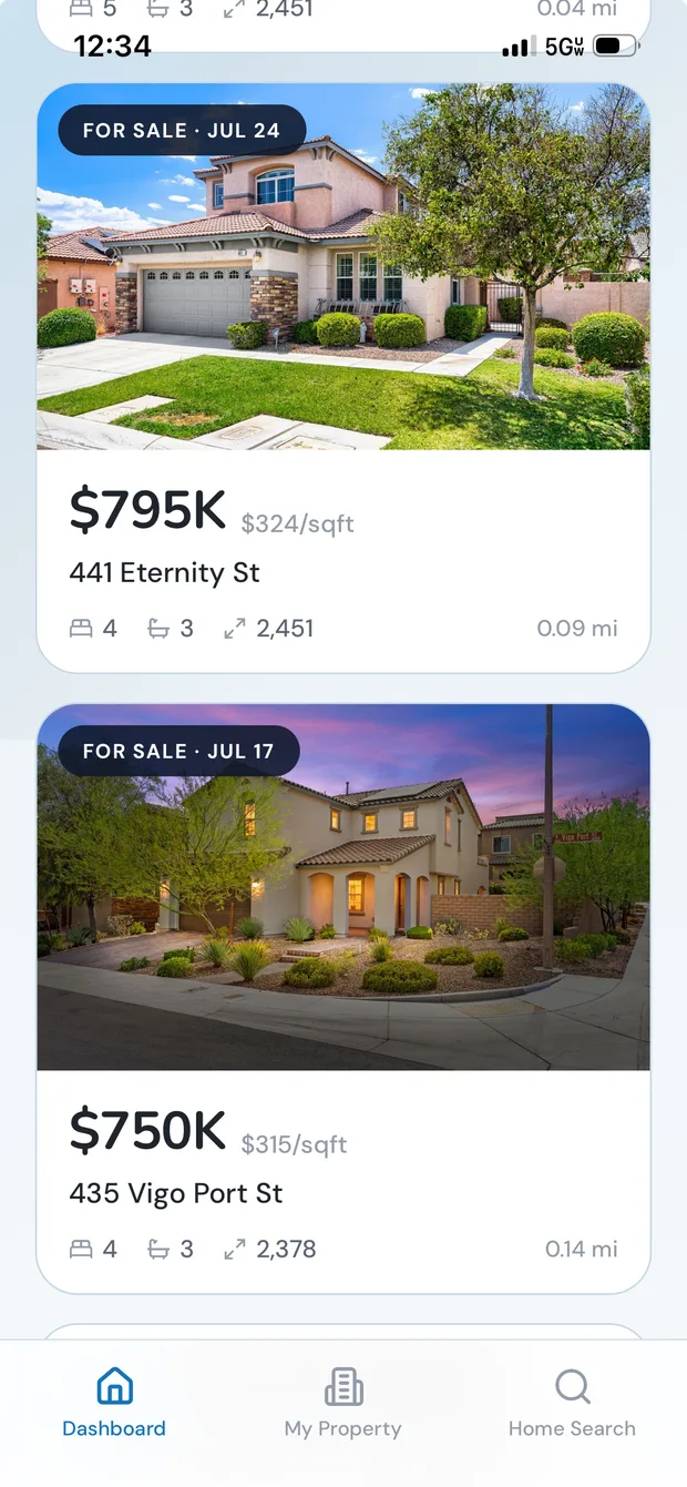 A list of nearby homes for sale showing price, price per square foot, beds, baths, size and distance from your home.